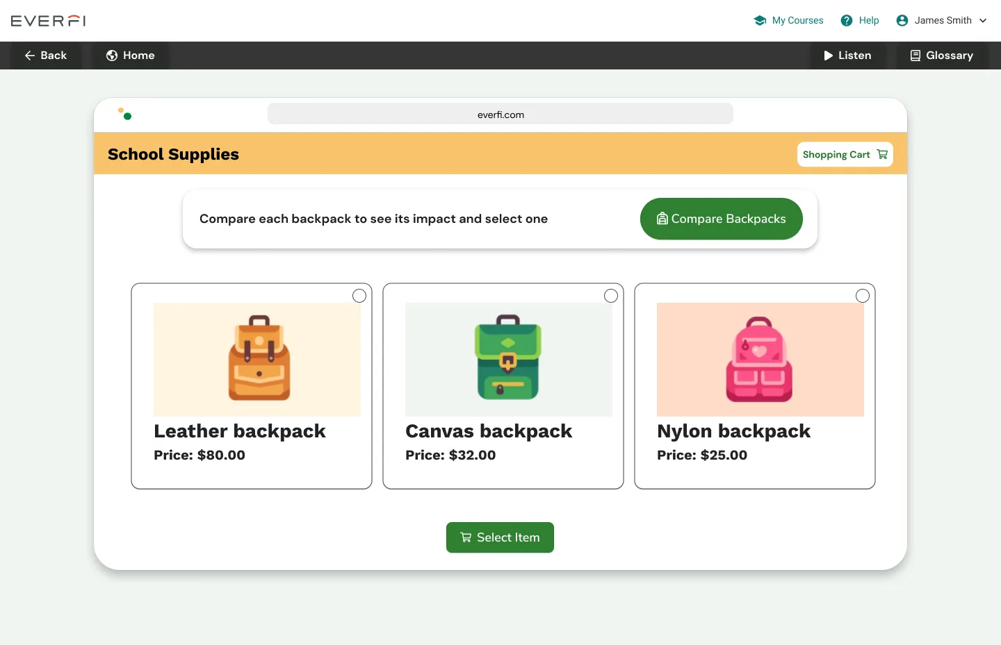 Item select screen from the finished simulation-based learning experience